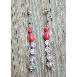 Handmade Beaded Artisan Drop Earrings, Clear and Red Bead, 3.5 Inch Boho Jewelry